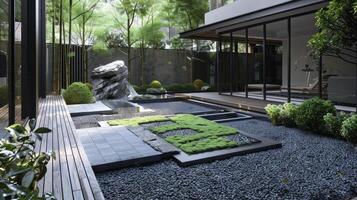 AI generated Modern Japanese-style courtyard with green moss and plants. photo