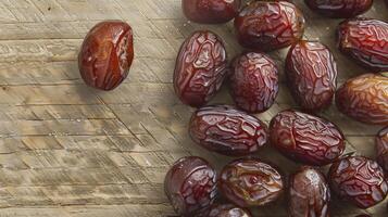 AI generated A close-up of dried dates on a wooden table background. photo