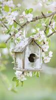 AI generated A small wooden birdhouse hanging from the branch of an apple tree, background is blurred green grass, serene spring garden scene. photo