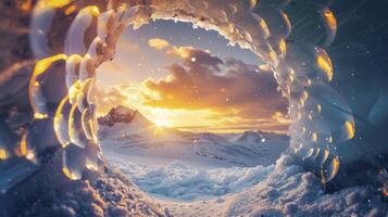 ai generado el puesta de sol brilla mediante el agujero en un hielo cueva foto