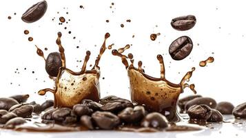 AI generated Caffeine Burst. Coffee Splash with Scattered Coffee Beans on a Clean White Background photo