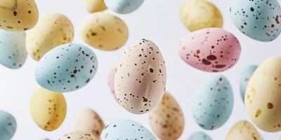 ai generado Pascua de Resurrección delicias, de cerca Disparo de vistoso huevos en pastel matices, adornado con juguetón patrones en un blanco fondo, radiante alegre festivo vibraciones para el fiesta celebracion foto