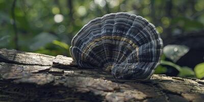 AI generated Nature Palette. Turkey Tail Mushroom on Fallen Log, Illuminated by Natural Sunlight. photo
