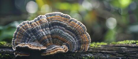 AI generated Nature Palette. Turkey Tail Mushroom on Fallen Log, Illuminated by Natural Sunlight. photo