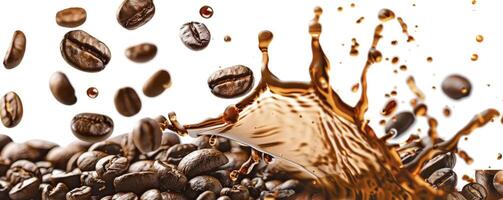 AI generated Caffeine Burst. Coffee Splash with Scattered Coffee Beans on a Clean White Background photo