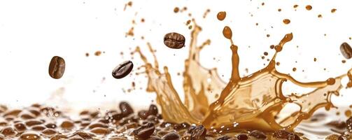 AI generated Caffeine Burst. Coffee Splash with Scattered Coffee Beans on a Clean White Background photo