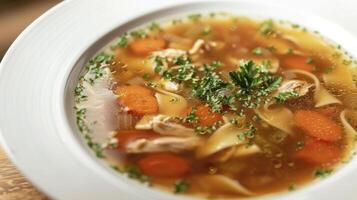 AI generated Closeup of chicken noodle soup photo