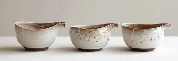AI generated A set of three white and brown glaze handmade ceramic bowls photo
