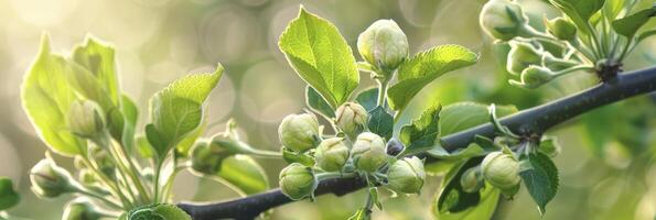 AI generated Apple tree branch with young buds photo