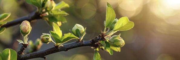 AI generated Apple tree branch with young buds photo