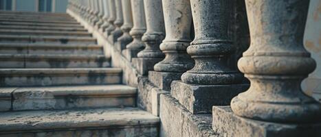 ai generado pilares de tradición. detallado Roca columnas y escalera adornar el clásico fachada de el edificio. foto