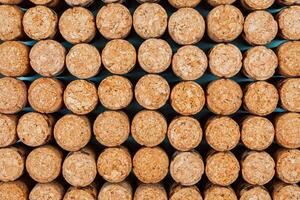 Background from textured wine corks, top view. place for text photo