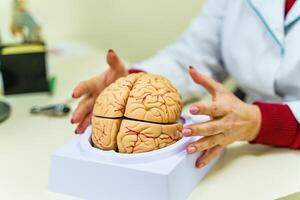 humano cerebro modelo en el mesa. cerebro humano anatomía. 3d representación. neurocirugía concepto. foto