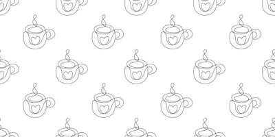 One line style Cup of coffee Seamless Pattern. Abstract creative food in minimalism design. Minimalist Hand drawn outline Mug of tea or drink vector illustration