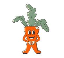 Groovy Carrot character with cheerful face and leaf. Funny retro root vegetable with friendly expression, food sticker of 70s 80s style vector illustration