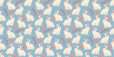 Bunny seamless pattern with leaves in doodle style. Endless Illustration with animals. White rabbits with botanical elements on blue background. Cute kids design vector