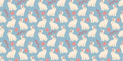 Bunny seamless pattern with leaves in doodle style. Endless Illustration with animals. White rabbits with botanical elements on blue background. Cute kids design vector