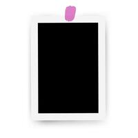 Realistic modern rectangle Photo Frame mock up glued on tape for Scrapbook. Taped on photograph Mockup design on white background. Vector illustration for memory in notebook