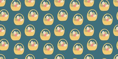Seamless Pattern of Basket with Easter eggs in flat style. Endless spring design for textile, wrapping paper, background vector