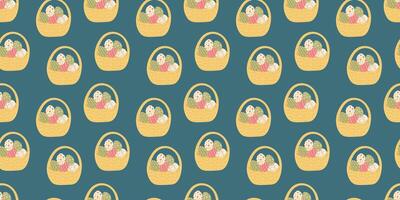 Seamless Pattern of Basket with Easter eggs in flat style. Endless spring design for textile, wrapping paper, background vector