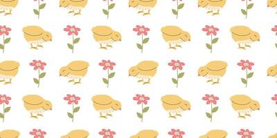 Seamless pattern with Chicken and flowers. Easter design for wrapping paper and backgrounds. Hand drawn illustration of Chick bird in kawaii style vector