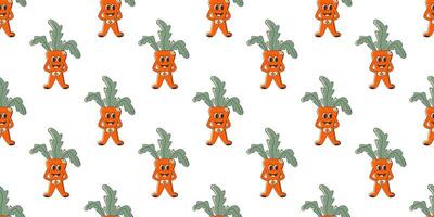 Carrot groovy retro seamless pattern. Design isolated on white background. Creative texture for fabric, paper. Eco vegetables food, vegan day vector