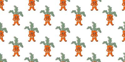 Carrot groovy retro seamless pattern. Design isolated on white background. Creative texture for fabric, paper. Eco vegetables food, vegan day vector