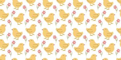 Seamless pattern with Chicken and flowers. Easter design for wrapping paper and backgrounds. Hand drawn illustration of Chick bird in kawaii style vector