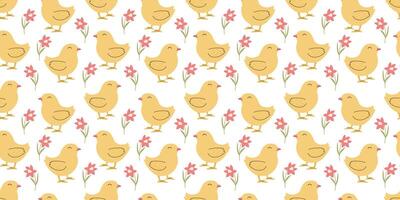 Seamless pattern with Chicken and flowers. Easter design for wrapping paper and backgrounds. Hand drawn illustration of Chick bird in kawaii style vector