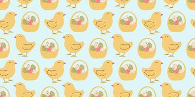 Seamless Pattern of Basket with Easter eggs and Chick in flat style. Endless spring holiday design for textile, wrapping paper, background vector