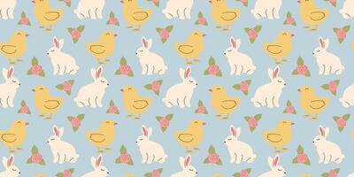 Cute Easter pattern with bunnies, chicks and flowers in pastel colors. Seamless design in doodle style. Endless Illustration with animals. White rabbits with botanical elements on blue background vector