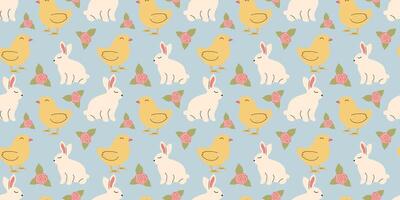 Cute Easter pattern with bunnies, chicks and flowers in pastel colors. Seamless design in doodle style. Endless Illustration with animals. White rabbits with botanical elements on blue background vector