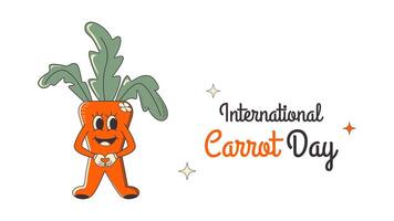 Happy Word Carrot Day banner with groovy happy character. A holiday of healthy plant-based food vegetarian. Vegetables background in april vector