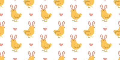 Seamless pattern with Chicken with bunny ears hat. Easter design for wrapping paper and backgrounds. Hand drawn illustration of Chick bird in kawaii style vector