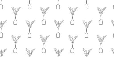 Seamless botanical Pattern in outline style. Leaves in pot nature illustration. Vector design room elements in black and white color