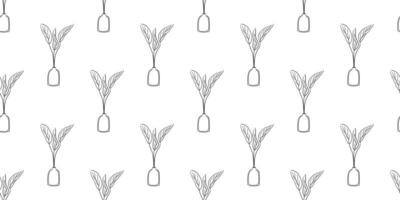 Seamless botanical Pattern in outline style. Leaves in pot nature illustration. Vector design room elements in black and white color