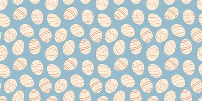 Easter white Eggs minimalist seamless pattern on blue background. Simple hand drawn vector design with decorated holiday eggshell. Backdrop for fabrics, wrapping or wallpapers