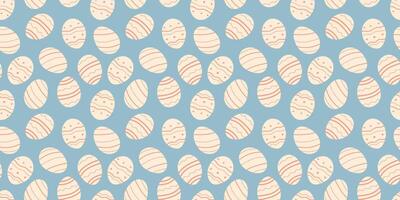 Easter white Eggs minimalist seamless pattern on blue background. Simple hand drawn vector design with decorated holiday eggshell. Backdrop for fabrics, wrapping or wallpapers