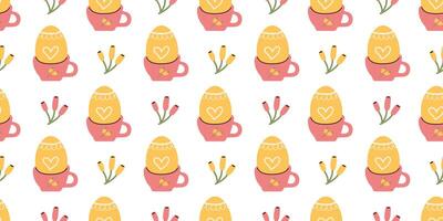 Yellow Easter eggs in cup seamless Pattern for fabrics, wrapping or wallpapers. Holidays endless Hand drawn background. Eggshell decorated with hearts and lines vector