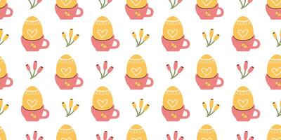 Yellow Easter eggs in cup seamless Pattern for fabrics, wrapping or wallpapers. Holidays endless Hand drawn background. Eggshell decorated with hearts and lines vector