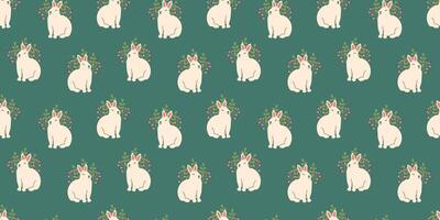 Seamless pattern of cute kawaii Bunny with flowers and leaves. Springtime Easter white rabbit on blue background. Hand drawn animal endless design vector