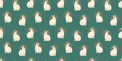 Seamless pattern of cute kawaii Bunny with flowers and leaves. Springtime Easter white rabbit on blue background. Hand drawn animal endless design vector