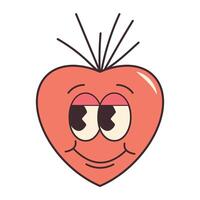 maravilloso hippie amor corazón pegatina. gracioso dibujos animados personaje forma. contento San Valentín día concepto. de moda retro 60s 70s estilo emojis y2k estético. romántico mascota con ojos vector