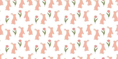 Bunny seamless pattern with leaves in doodle style. Endless Illustration with animals. White rabbits with botanical elements on white background. Cute kids design vector