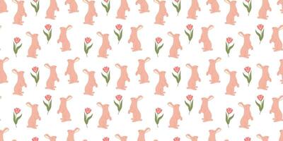 Bunny seamless pattern with leaves in doodle style. Endless Illustration with animals. White rabbits with botanical elements on white background. Cute kids design vector