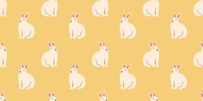 Seamless pattern of cute kawaii Bunny on yellow background. Springtime Easter white rabbit. Hand drawn animal endless design vector