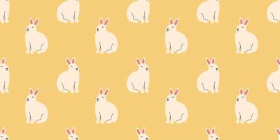 Seamless pattern of cute kawaii Bunny on yellow background. Springtime Easter white rabbit. Hand drawn animal endless design vector