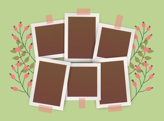 Blank Realistic Photo Frames Mockup. Greeting spring Scrapbook template with leaves and flowers. Empty print-holder for memory with shadows adhesive tape for album