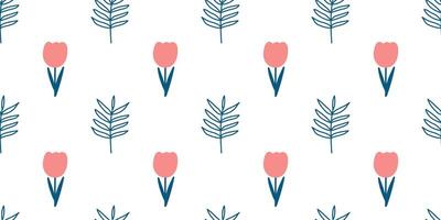 Colorful Flower seamless pattern illustration in Children style art. Floral doodle endless bright background funny simple nature shapes wallpaper. Spring child wrapping vector