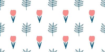 Colorful Flower seamless pattern illustration in Children style art. Floral doodle endless bright background funny simple nature shapes wallpaper. Spring child wrapping vector